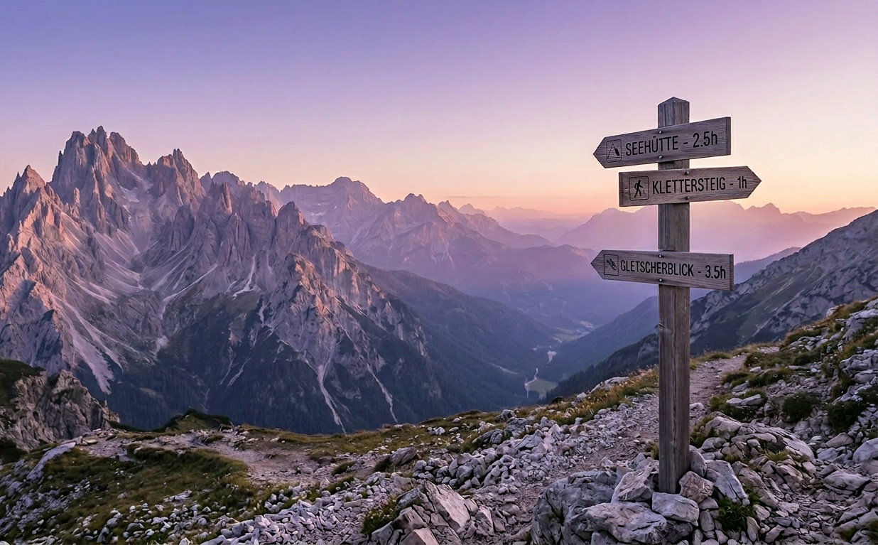 Wegweiser auf einem Berggipfel mit mehreren Richtungsangaben vor weiter Landschaft. Das Bild symbolisiert die Herausforderungen von Führungskräften mit ADHS bei Priorisierung, Delegation, Kommunikation und dem Umgang mit Energie sowie Erschöpfung im Berufsalltag.